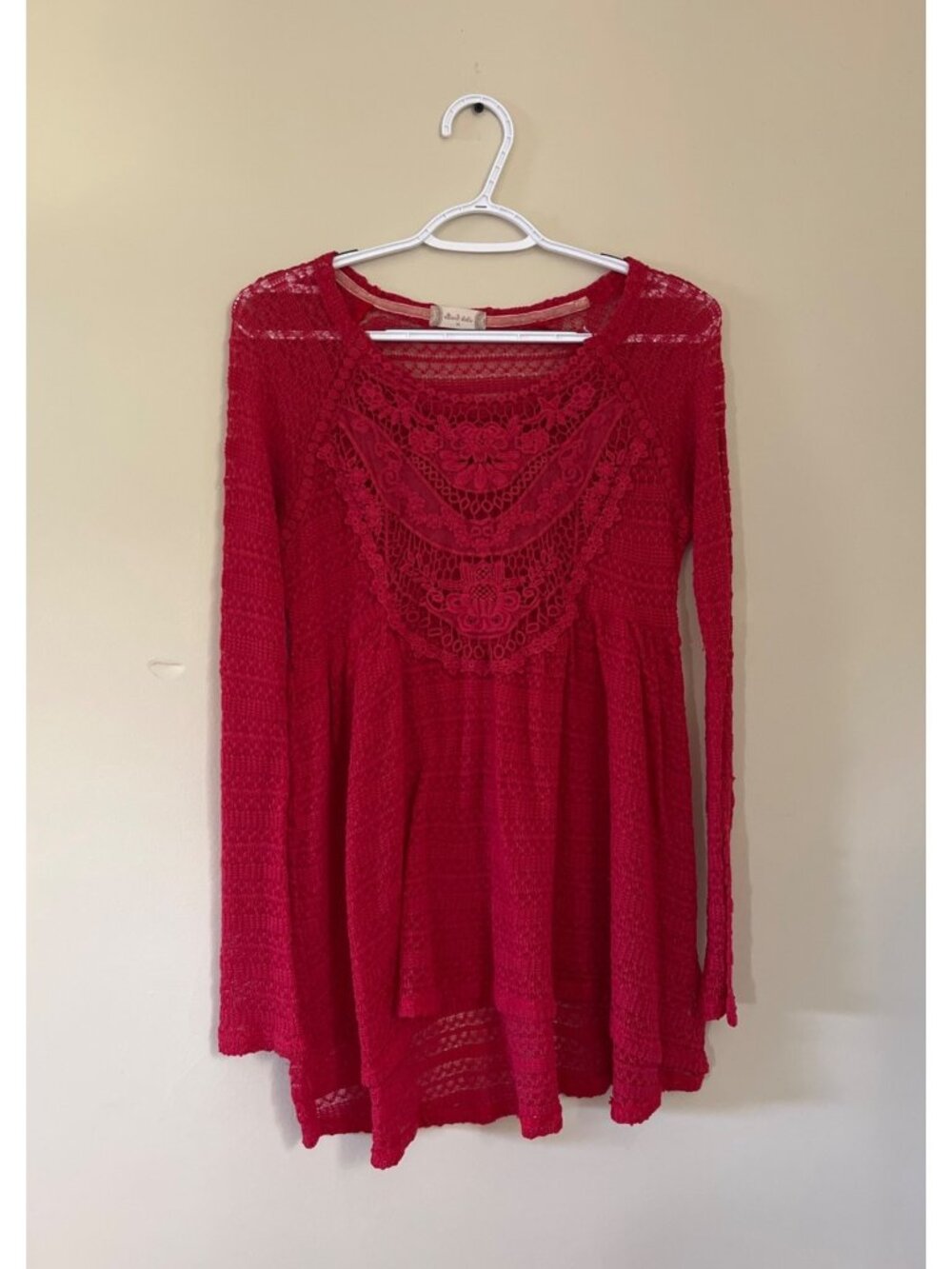 Altar'd State Womens Medium Dark Red Long Sleeve Sheer Lace Blouse Top